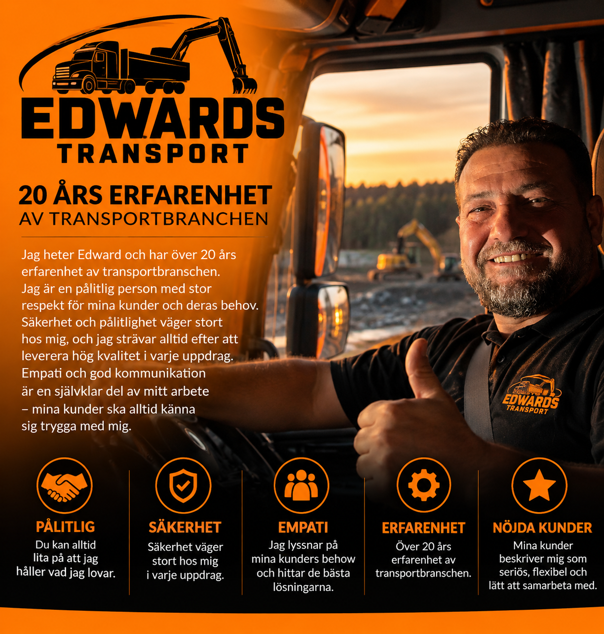 Presentation av Edward och Edwards Transport med erfarenhet, säkerhet och pålitlighet